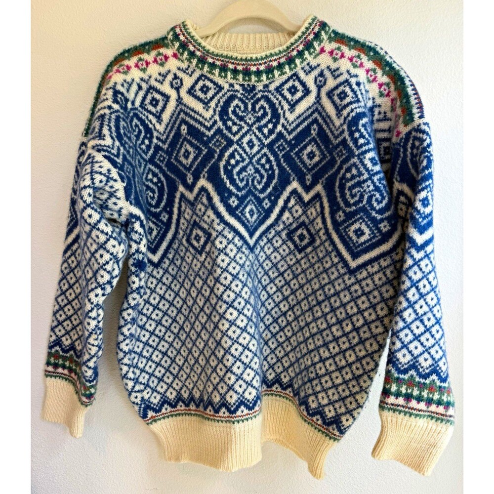 Dale of Norway Men’s XL Blue/White Wool Fair Isle Knit Crewneck Pullover